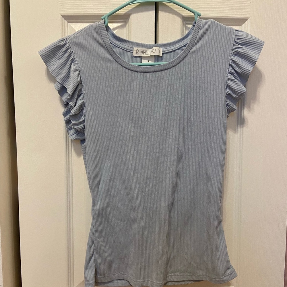 Planet Gold Women's Blue Ruffle Sleeve Top